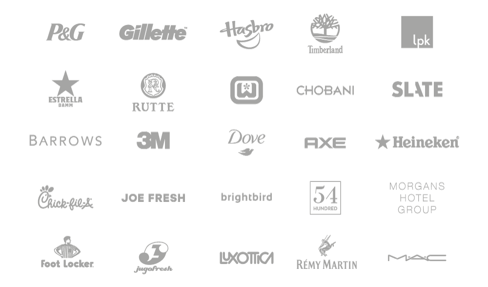 Selected client logos including P&G, Gillette, Hasbro, Timberland, Chobani, 3M, Chick-fil-A, Heineken and Morgans Hotel Group