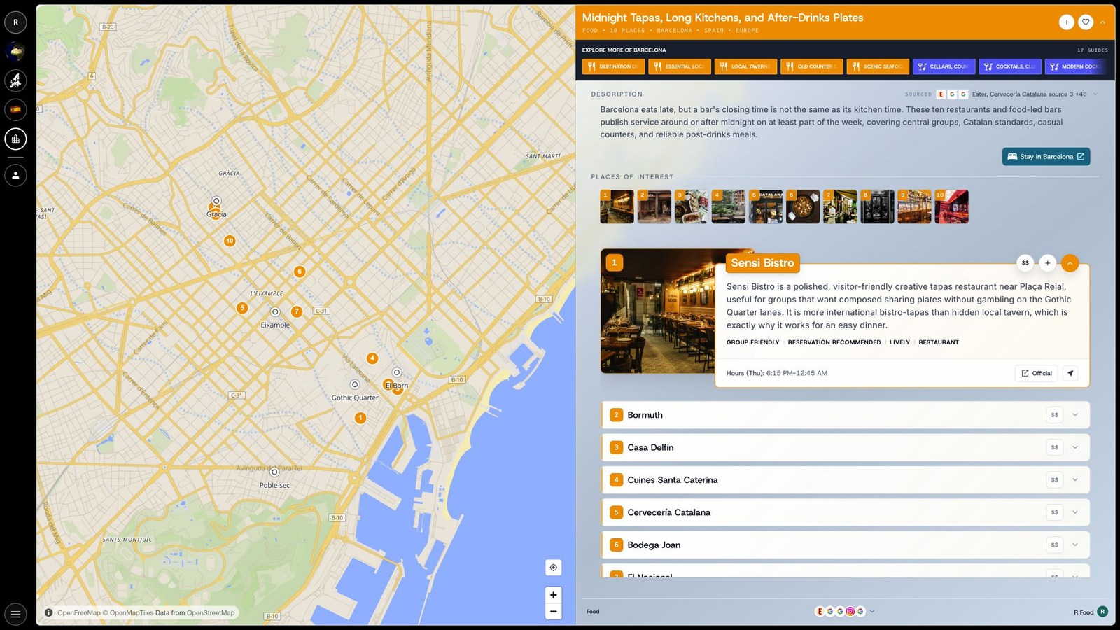RGuide Barcelona late-night food guide showing synchronized map markers, source-backed copy, ordered places, and place details