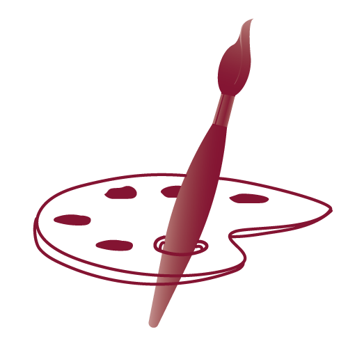 Illustration of a paint brush resting inside an artist palette