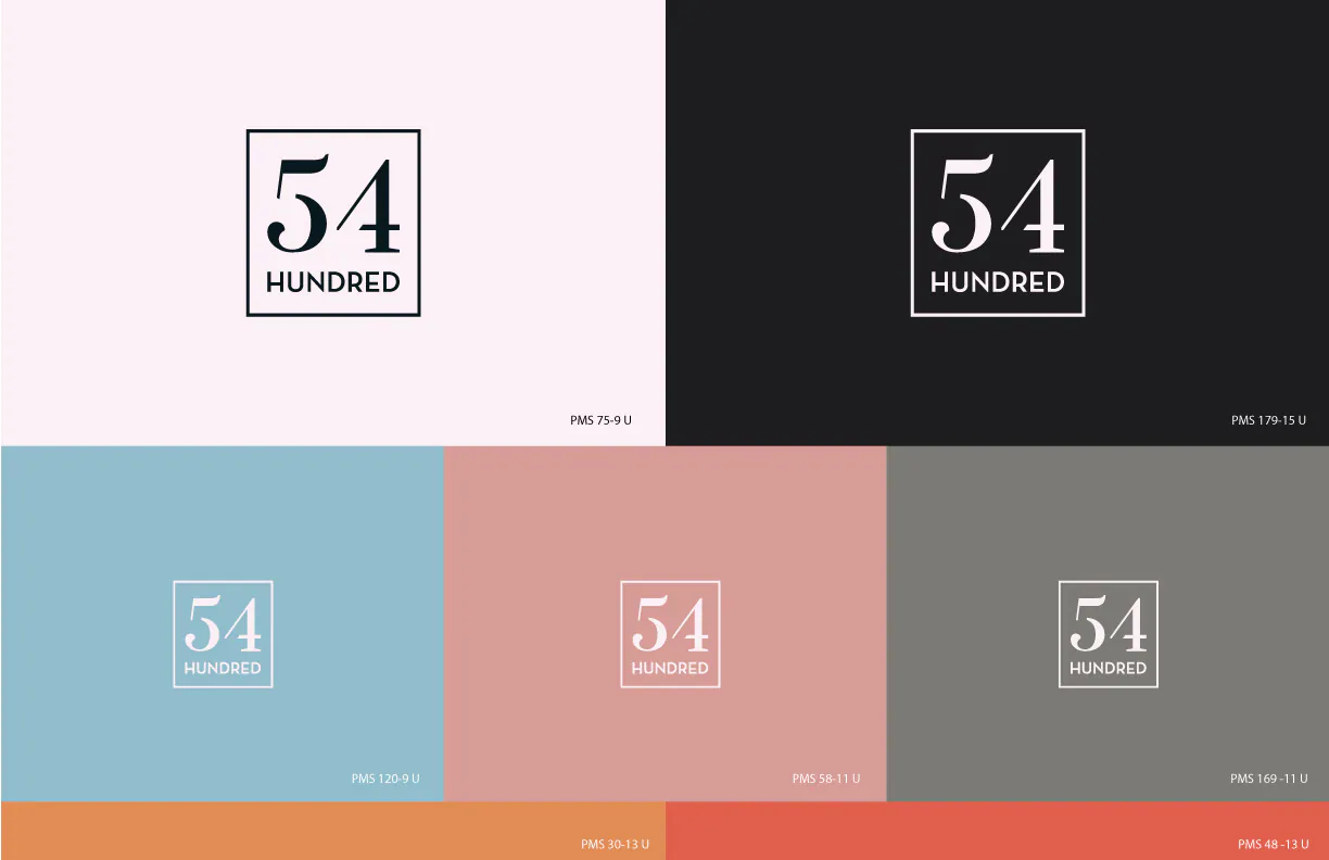 54 Hundred mark shown across blush, charcoal, blue, pink, and gray color fields