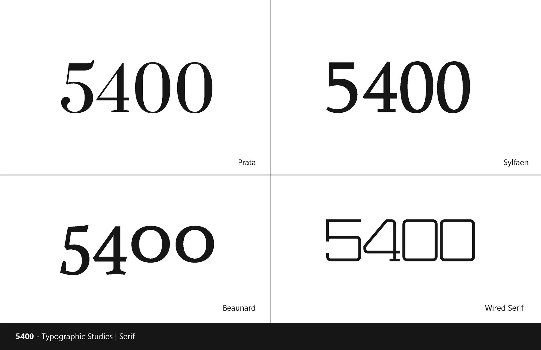 Four serif treatments of 5400 showing different proportions and contrast