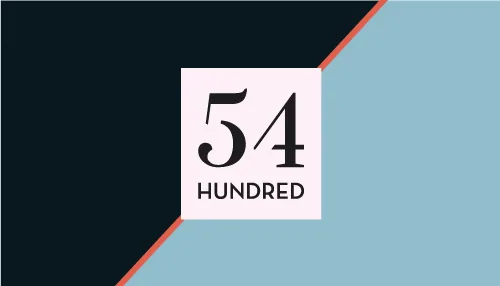 54 Hundred business card with a blue field and diagonal coral accents