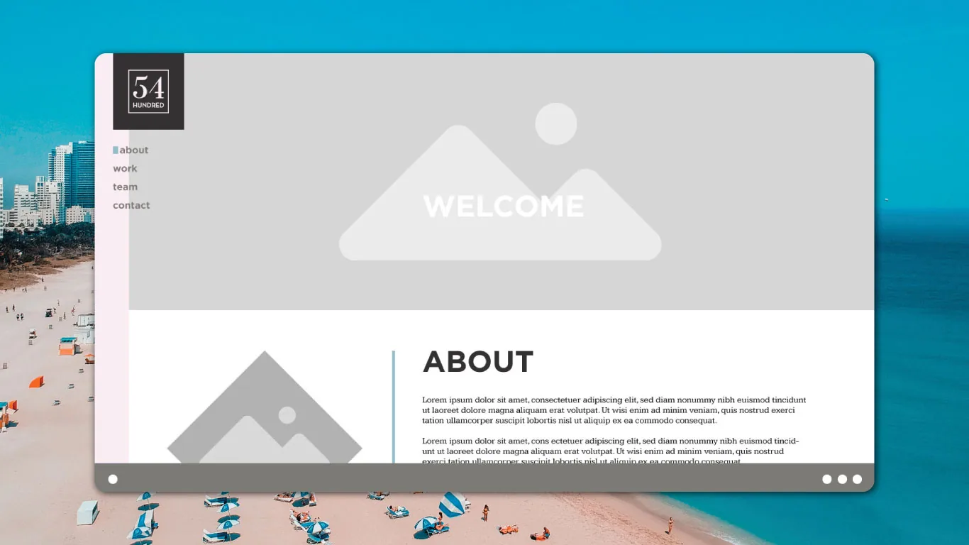 54 Hundred website screen over Miami beach photography with a gray content area