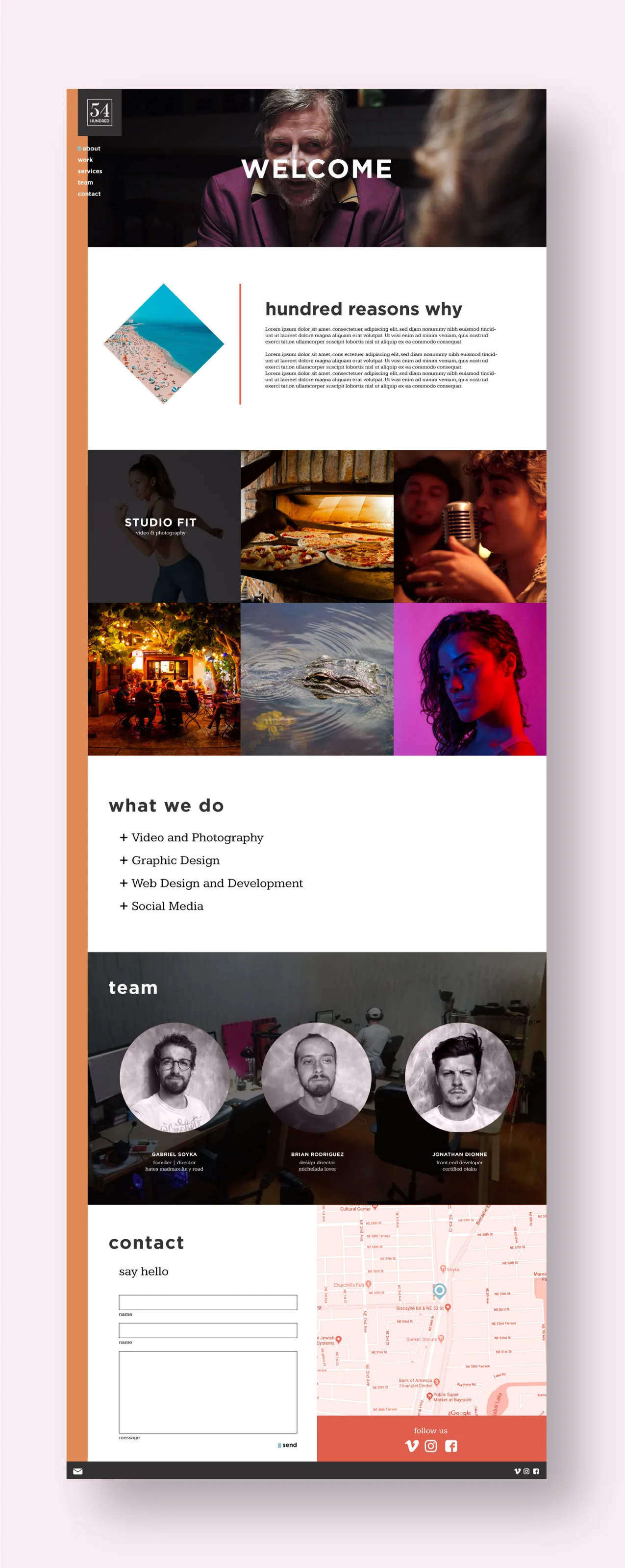 Alternate full page 54 Hundred website concept with revised service and portfolio sections