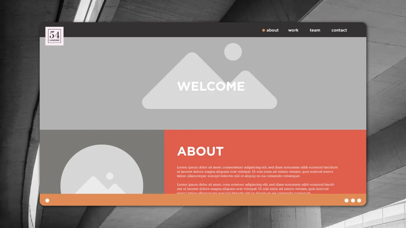 54 Hundred website screen with gray photography and a coral content panel
