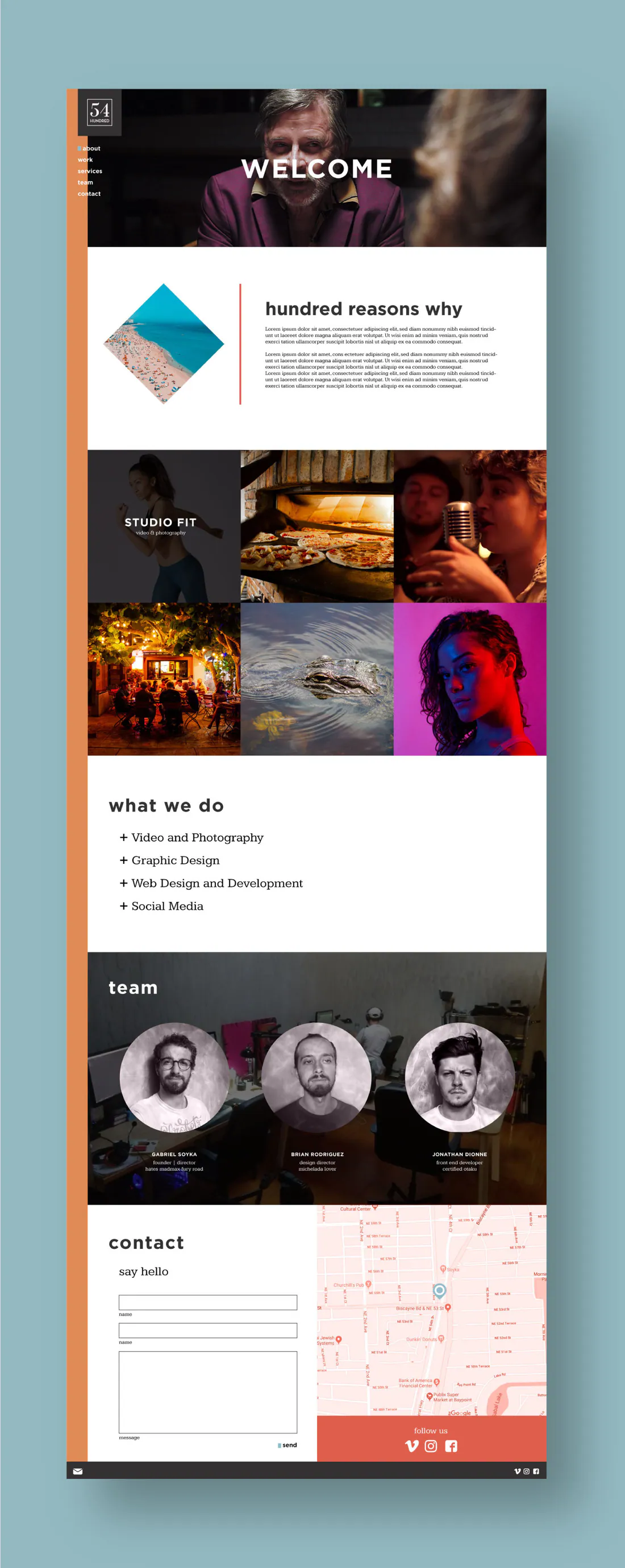 Full page 54 Hundred website concept with work imagery, services, team, and contact sections