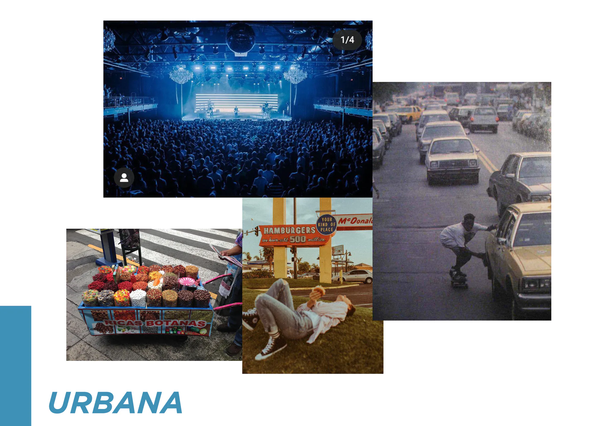 Boca Paila urban visual direction board with concert, street vendor, roadside, and city imagery