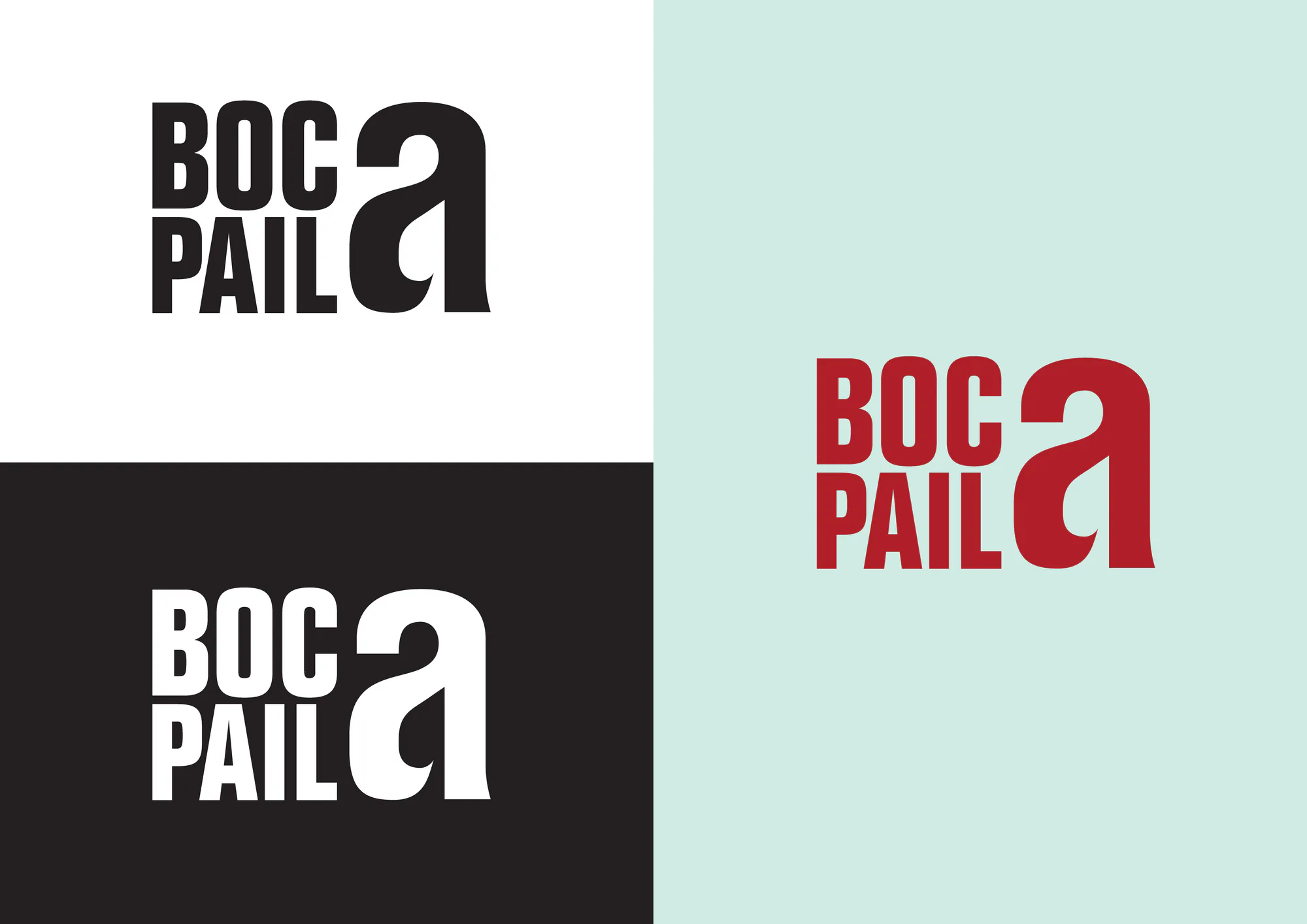Stacked Boca Paila wordmark studies in black, white, and red colorways