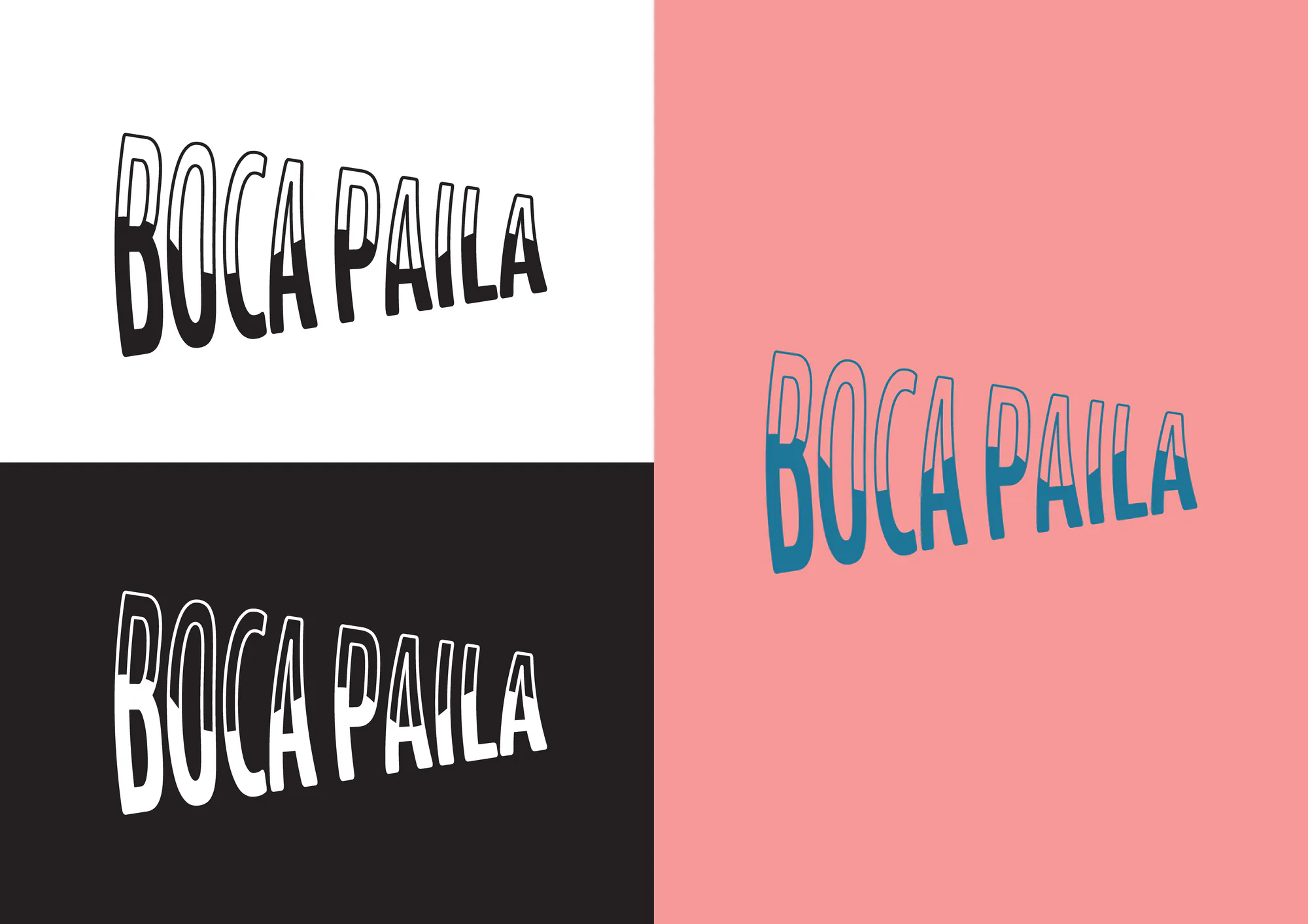 Kinetic curved Boca Paila wordmark studies in black, white, and blue