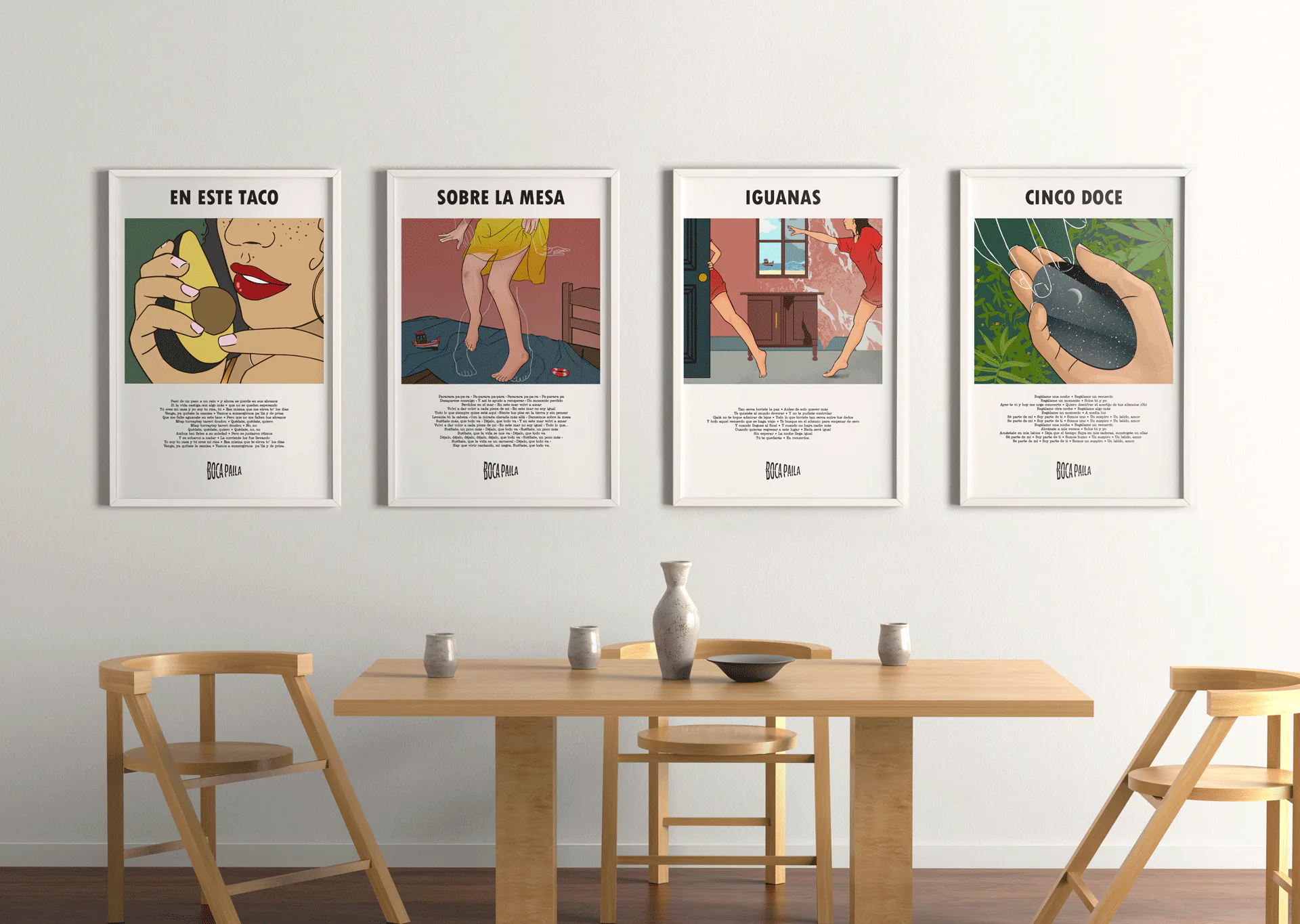 Boca Paila illustrated release series displayed as four framed prints above a dining table