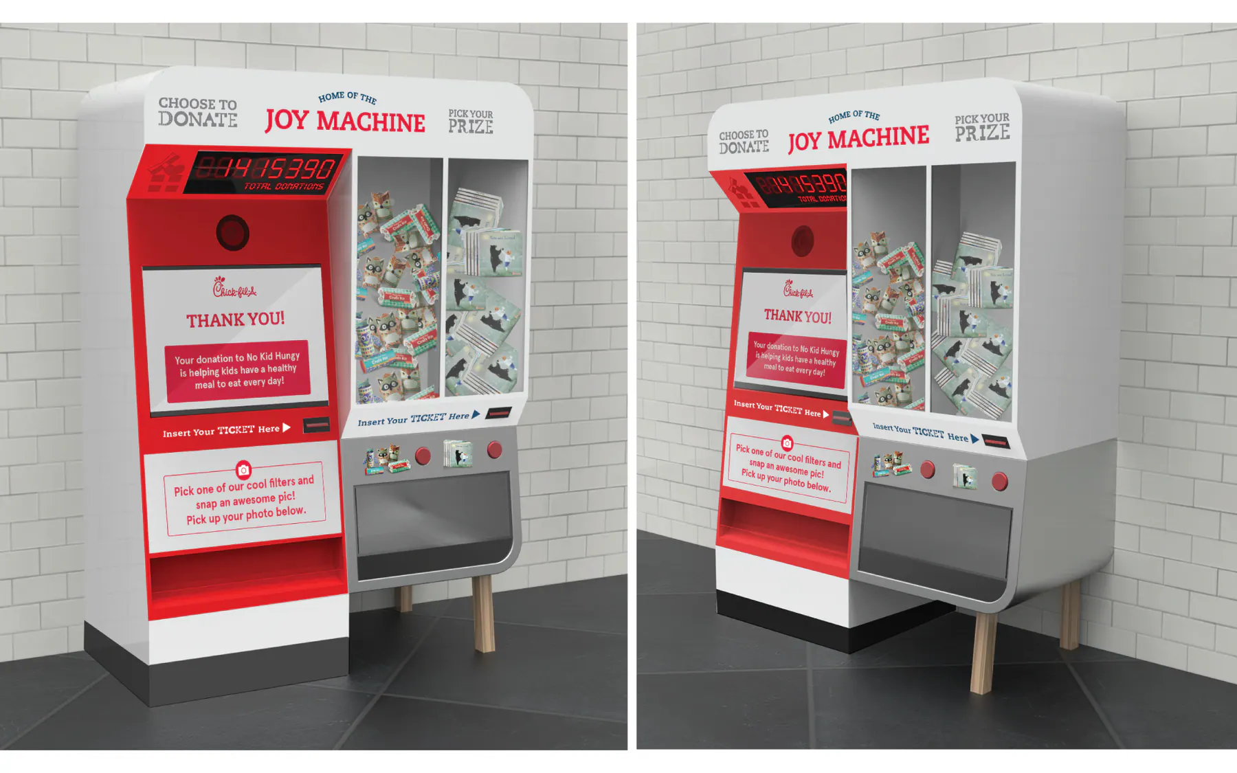 Dual-angle development render of Joy Machine with donation and prize states