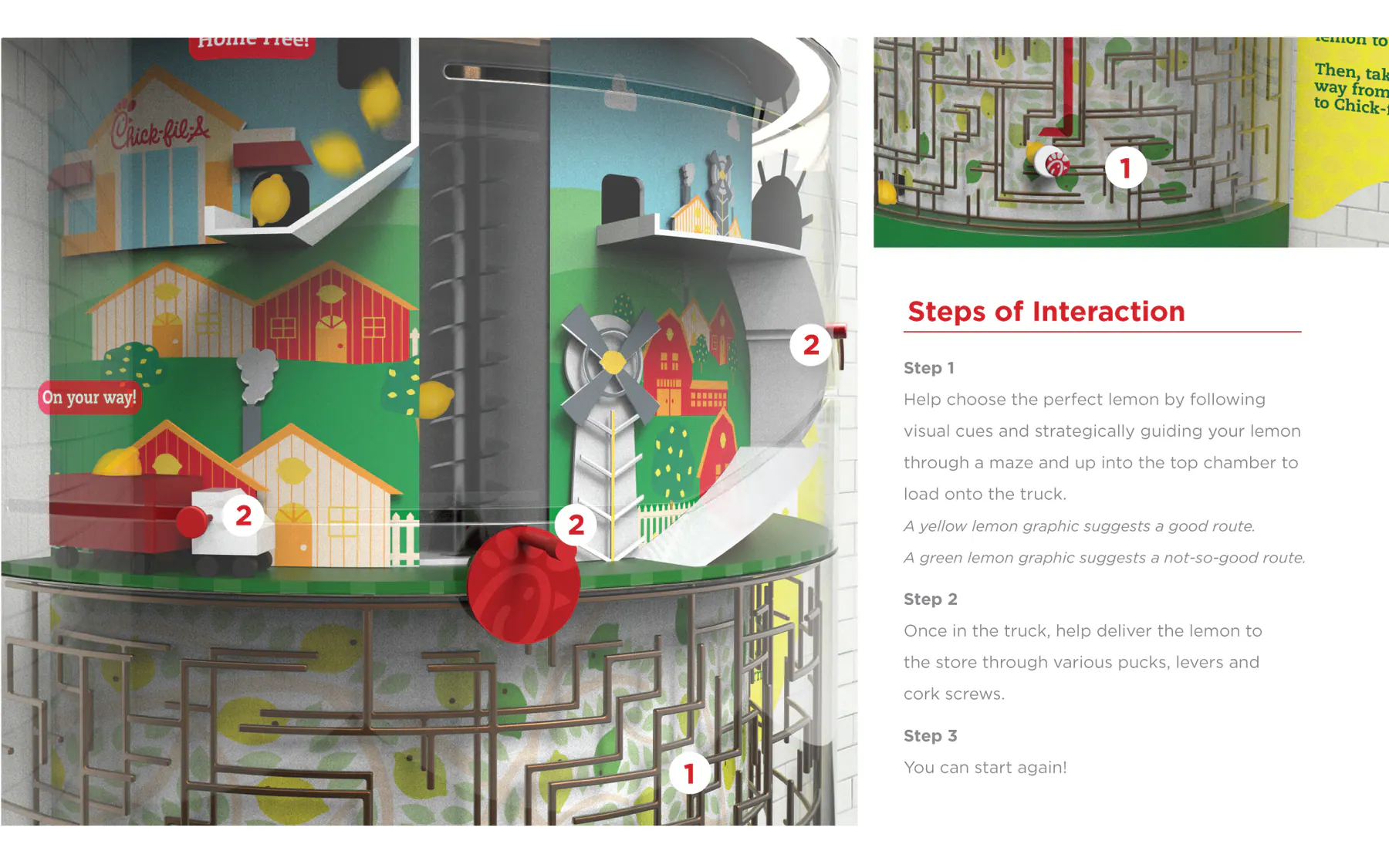 Lemon Maze refined concept sketch with segmented route progression