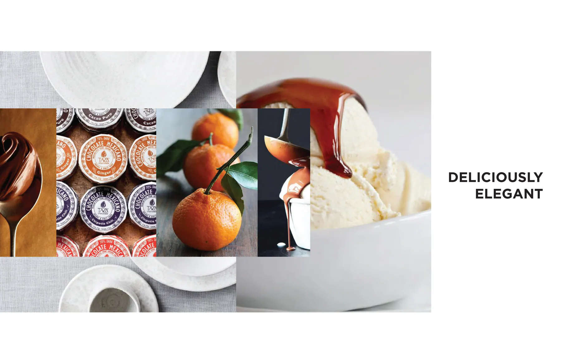 Deliciously Elegant moodboard with fruit, chocolate, ceramics, and cream