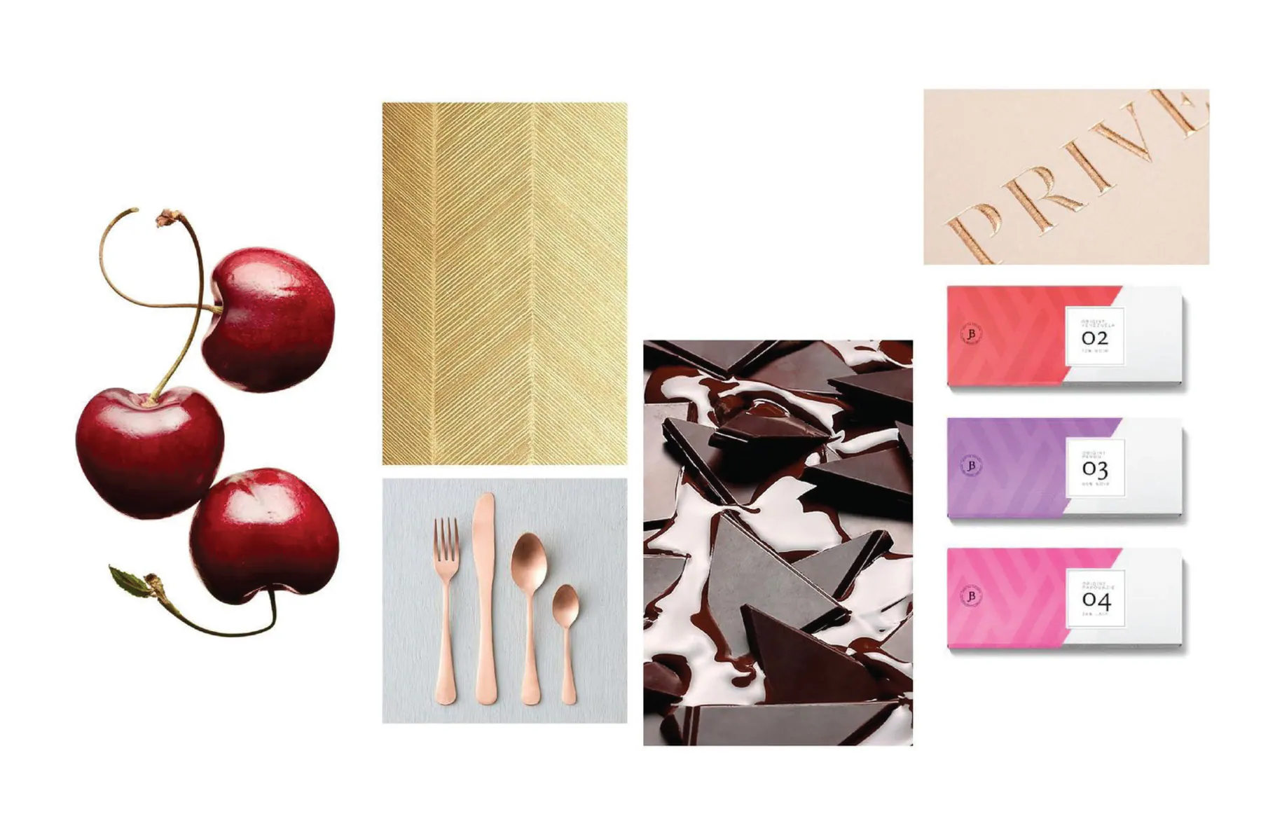 Ingredient and material palette with cherries, metal finishes, and soft color labels