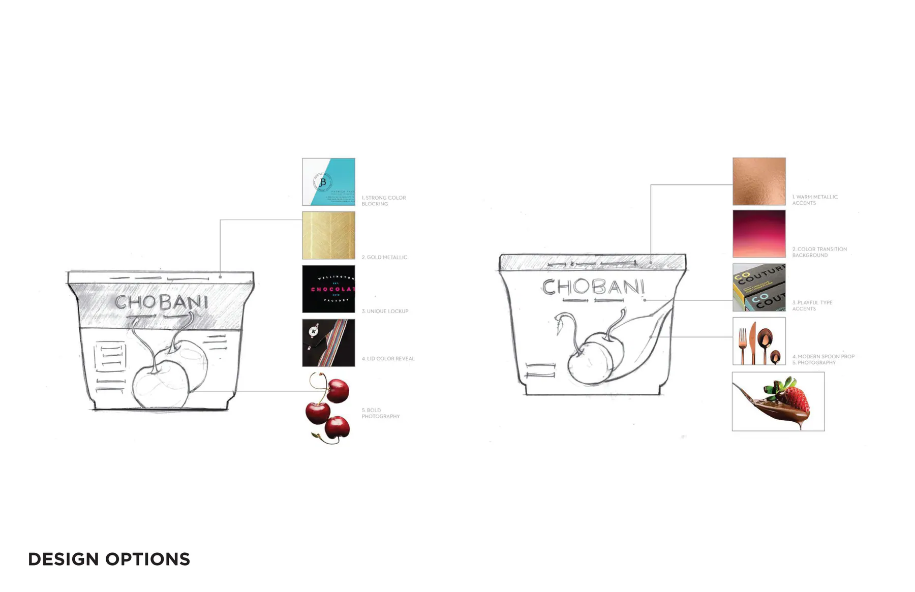 Indulgence packaging design option sketches with alternative color and ingredient cues