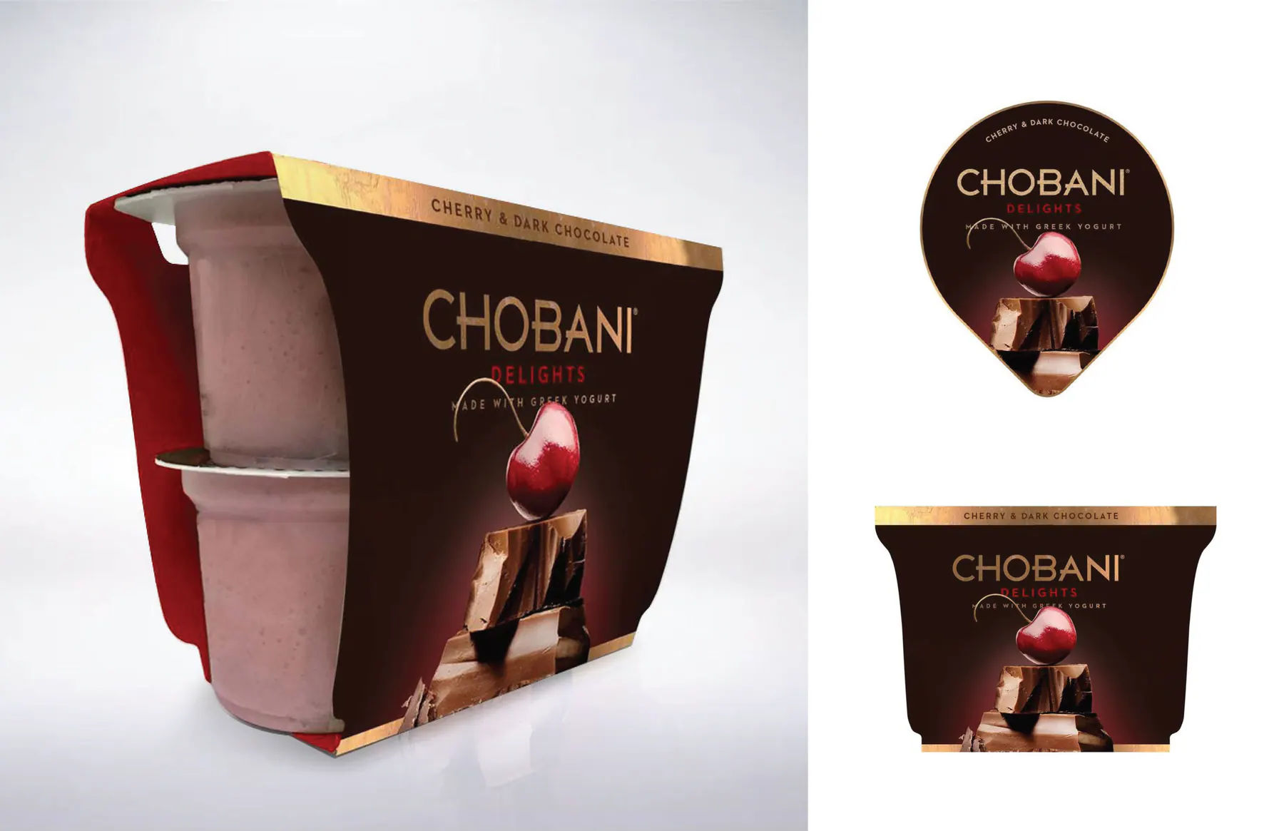 Chobani Delights cherry and dark chocolate package mockup in dark direction