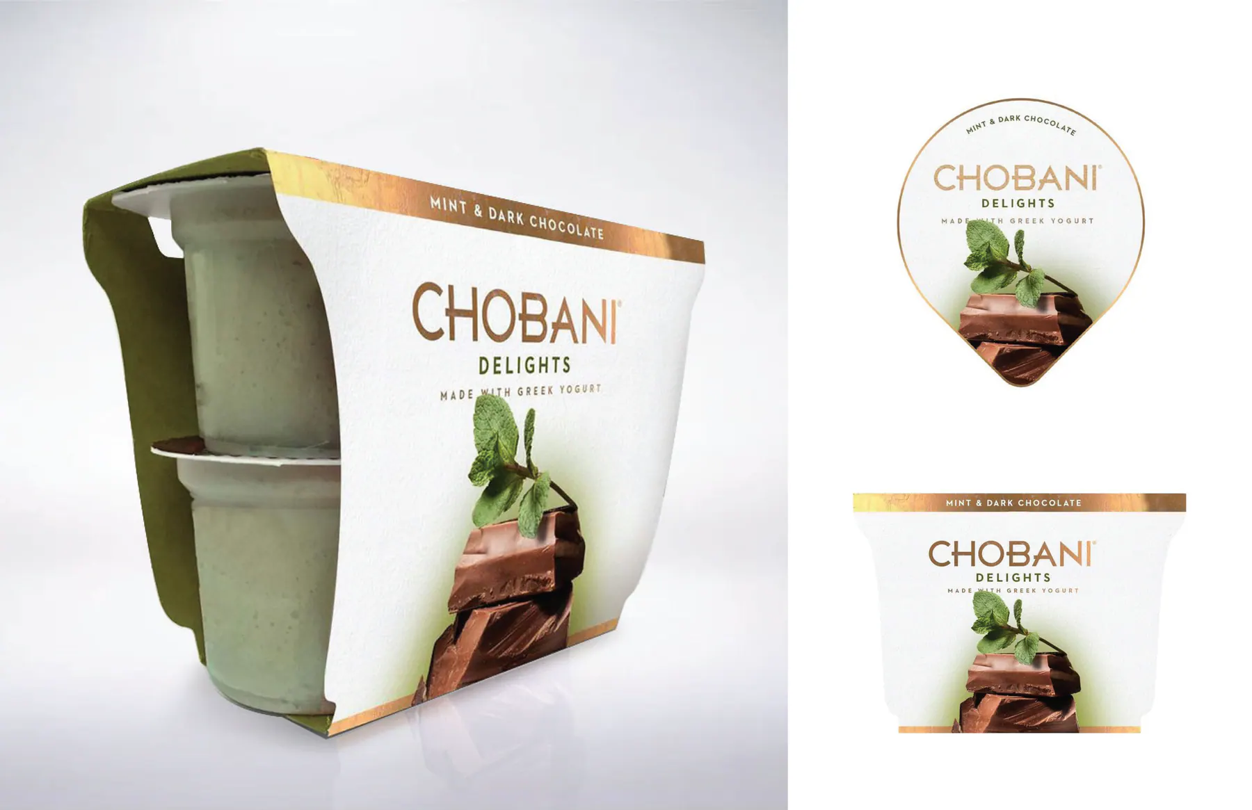 Chobani Delights mint and dark chocolate package mockup in white direction