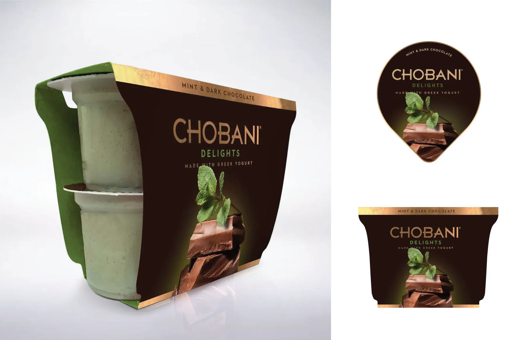 Chobani Delights mint and dark chocolate package mockup in dark direction