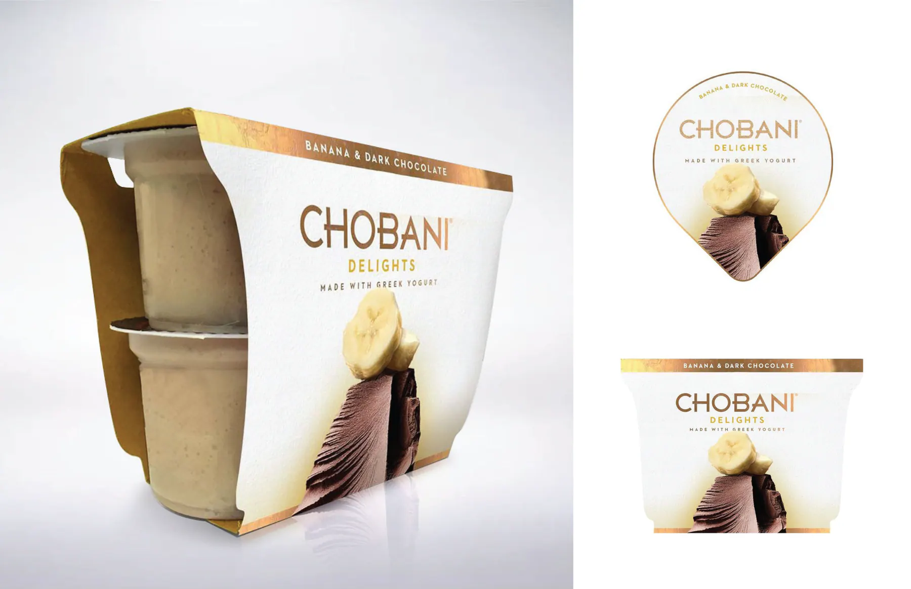 Chobani Delights banana and dark chocolate package mockup in white direction