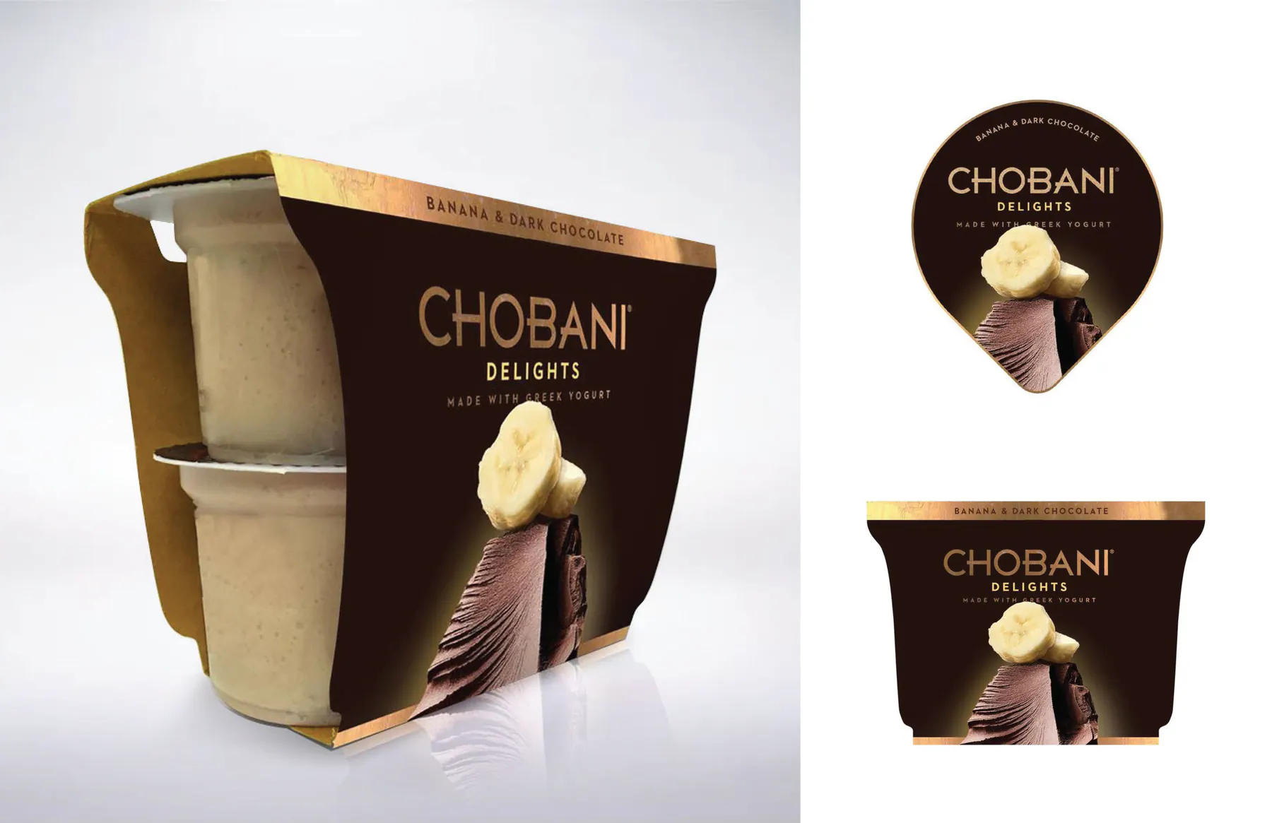 Chobani Delights banana and dark chocolate package mockup in dark direction