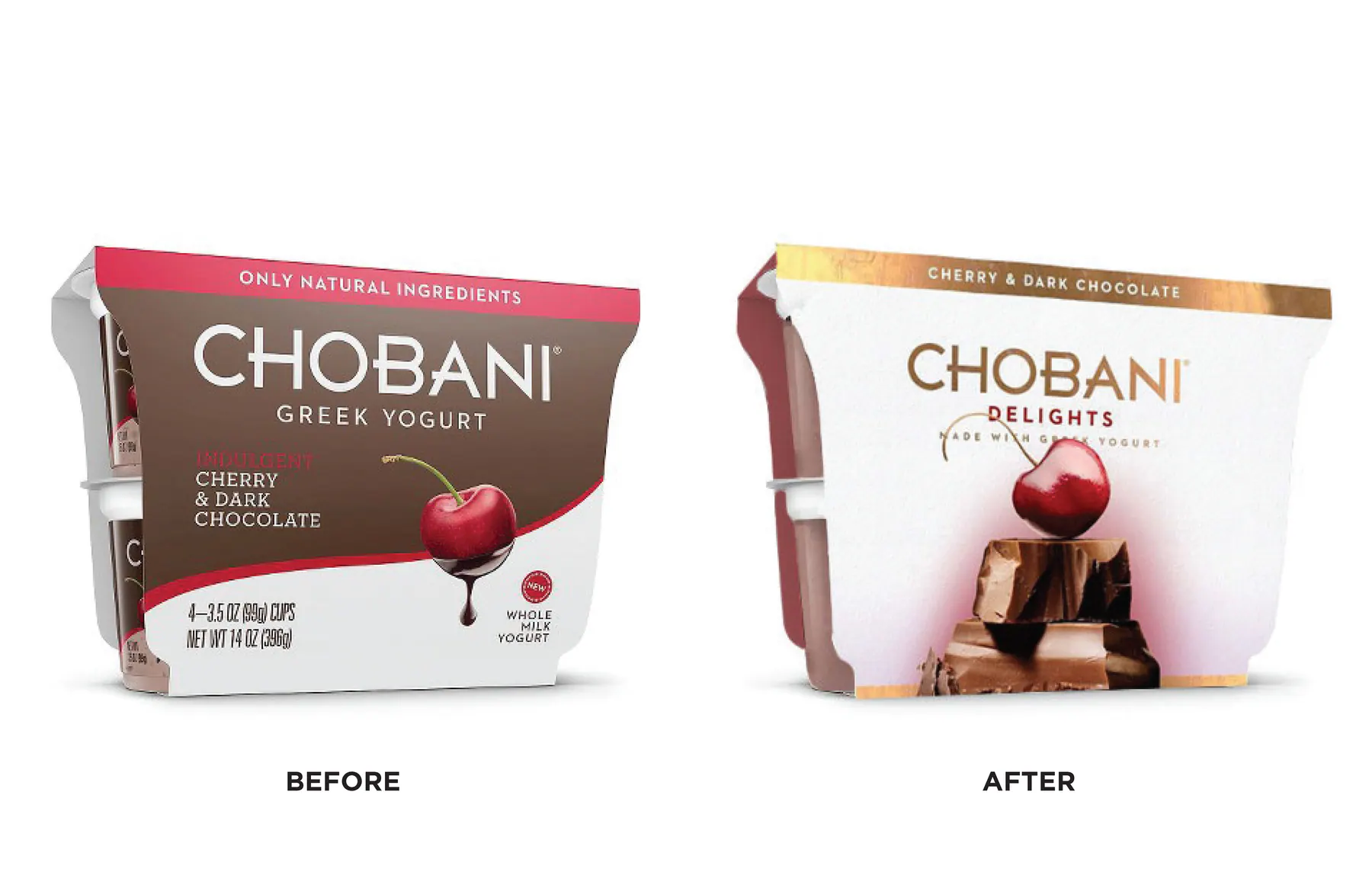 Before and after comparison of standard Chobani packaging and the indulgence concept