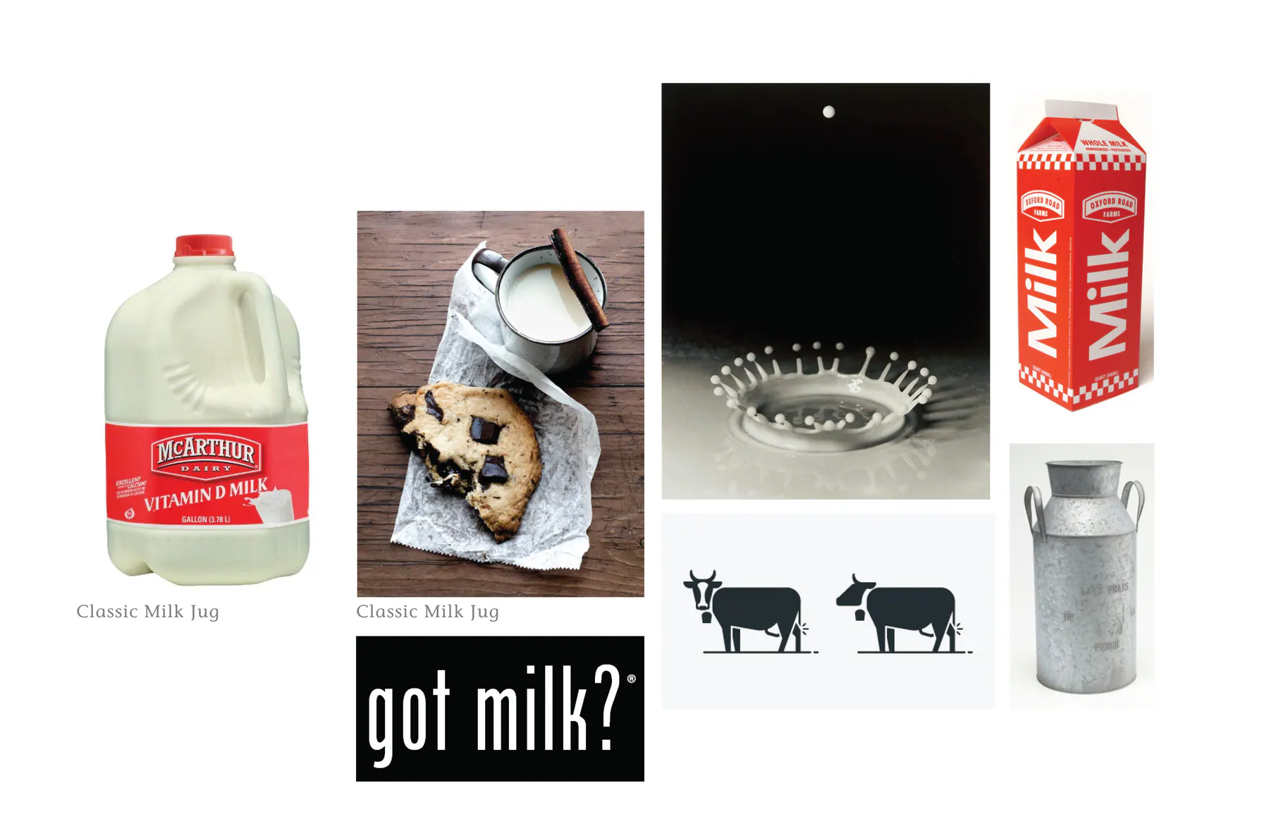 Classic milk jug, milk bottle, and dairy advertising references