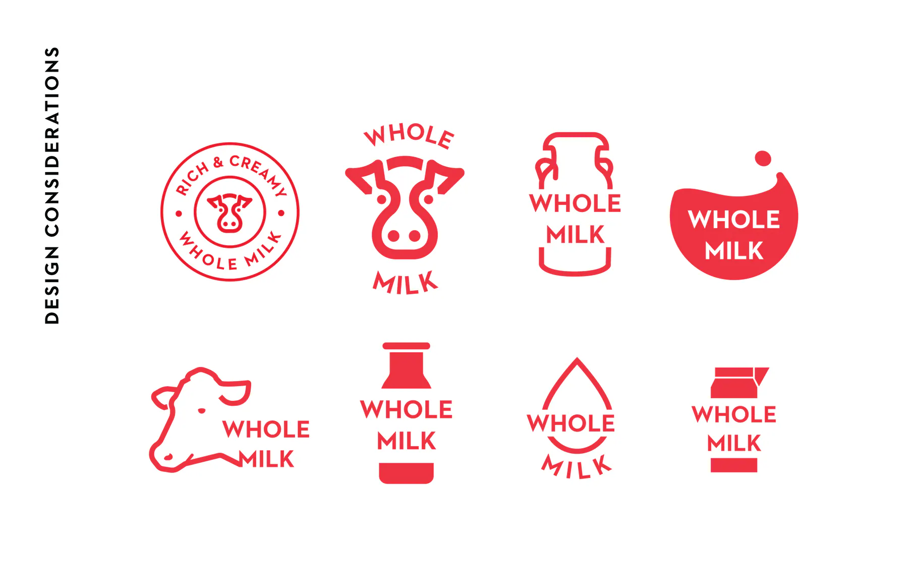 Whole milk icon studies with cow, bottle, jar, and stamp variations