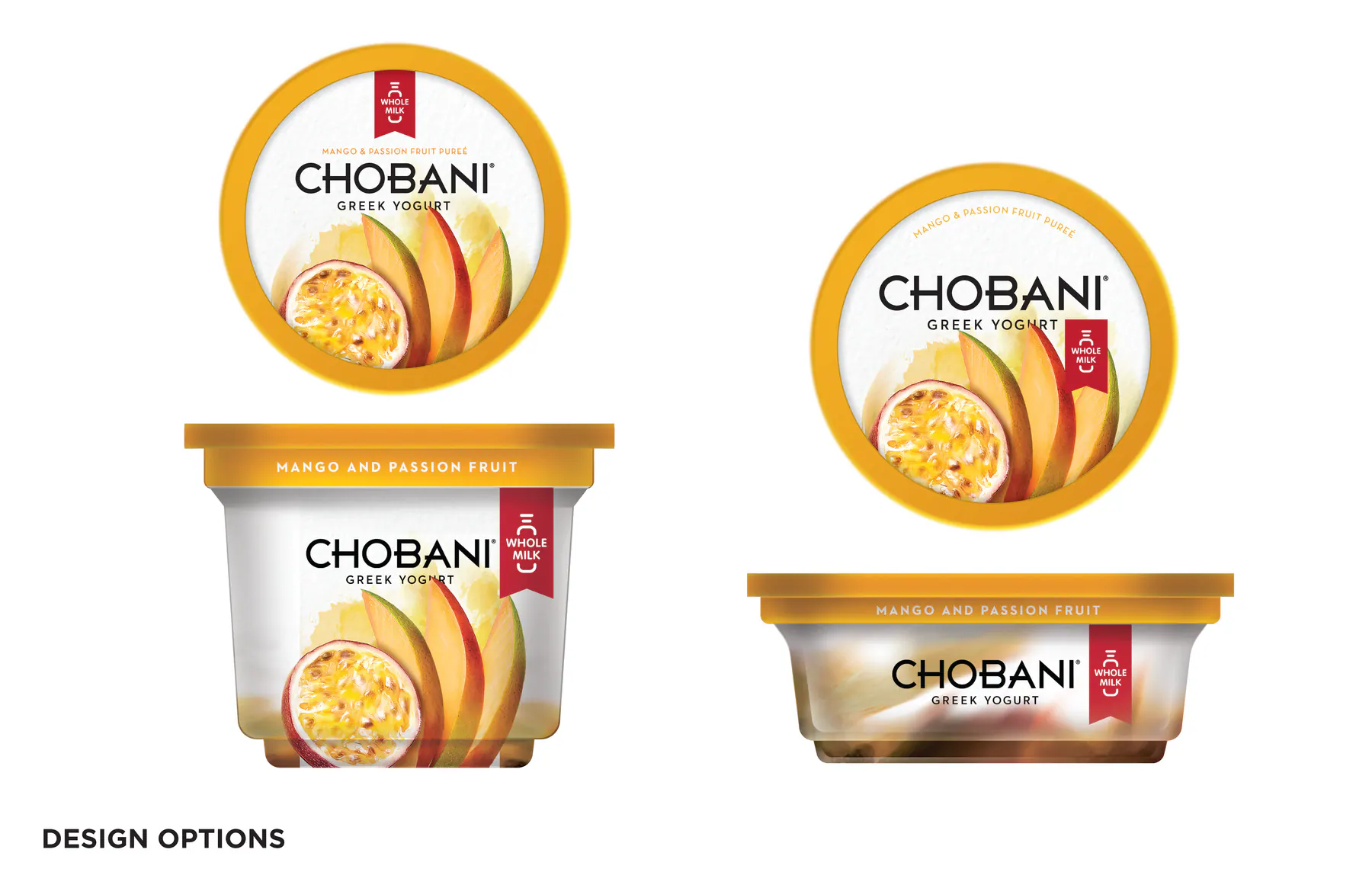 Whole milk final Chobani Greek Yogurt package concept with mango and passionfruit flavor system