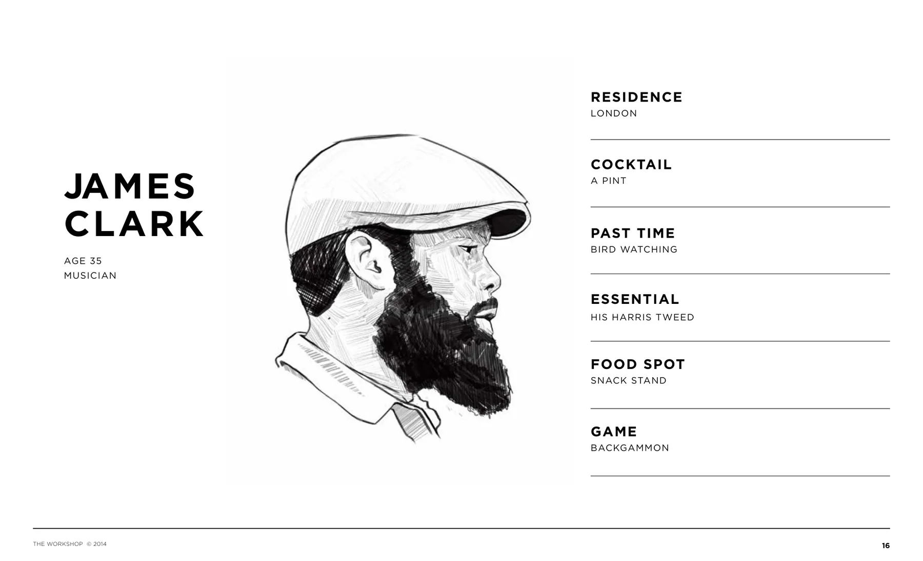 James Clark creative-class audience profile combining an illustrated portrait with cultural interests and hospitality preferences