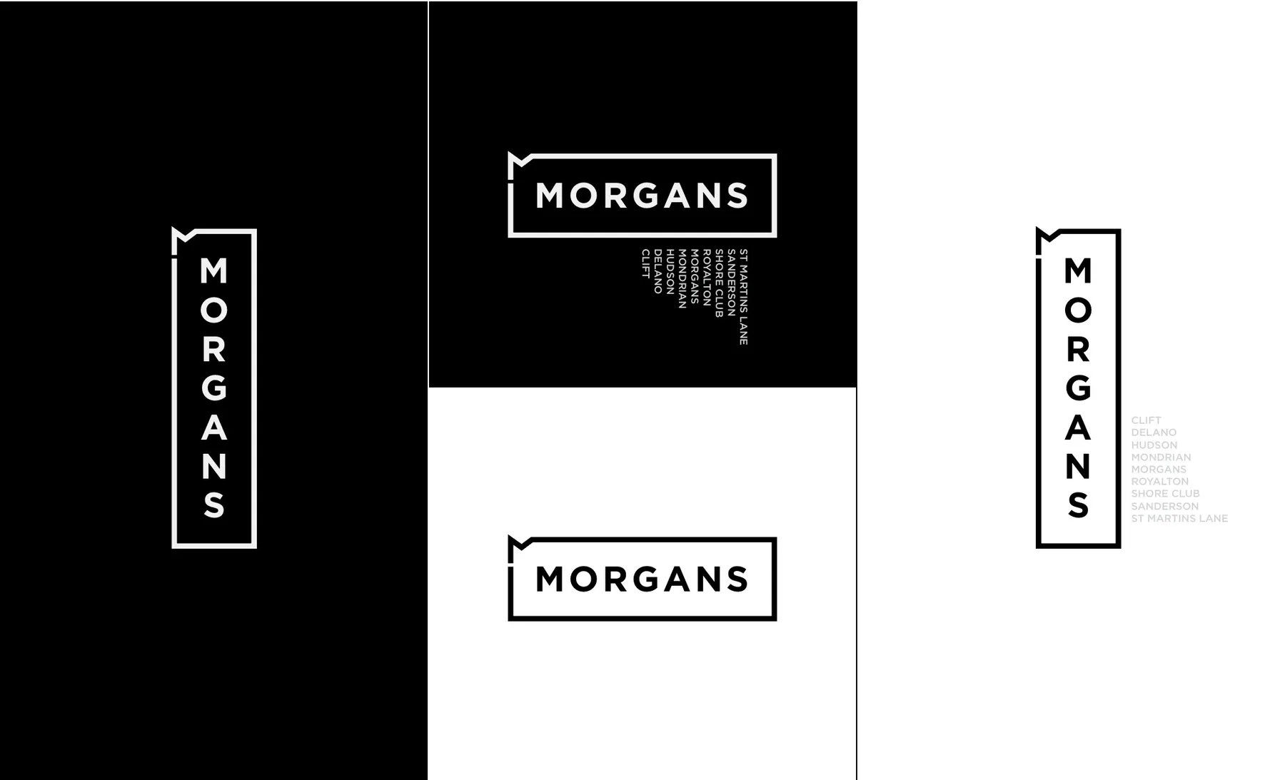 Morgans framed identity with black-and-white wordmarks and a compact modular mark
