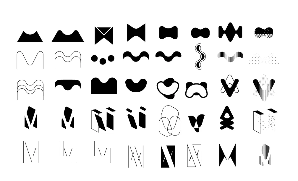 Rough Morgans logo ideation sheet with abstract monograms, frame symbols, and hand-drawn letterform studies