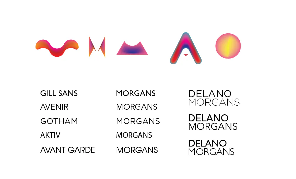 Selected Morgans logo directions tested with gradient color, typography, and Delano property naming