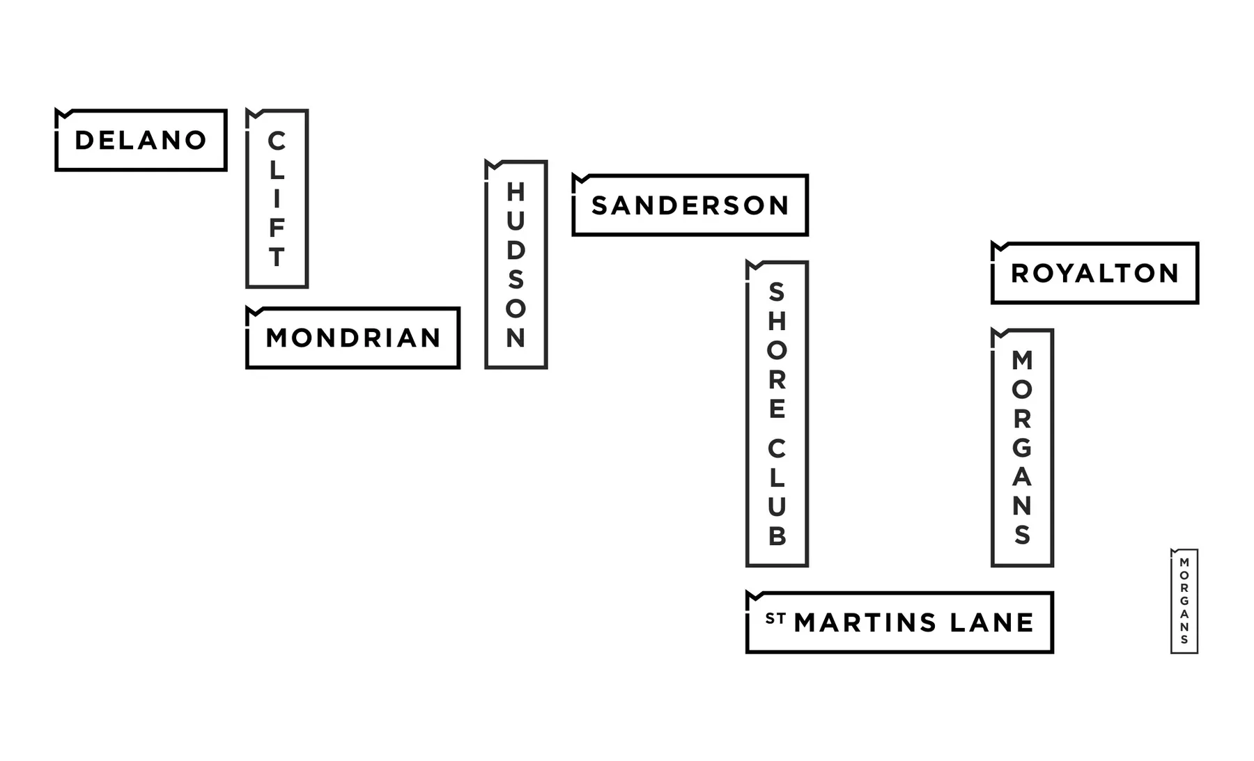 Morgans property architecture showing individual hotel names connected through a shared frame system