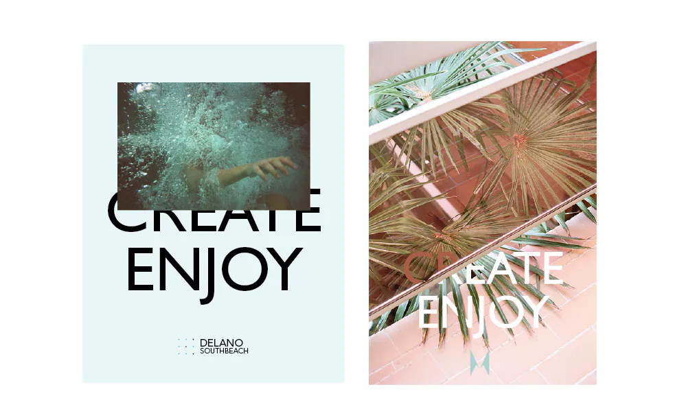 Early Create Enjoy Morgans layouts combining property photography with oversized vertical typography