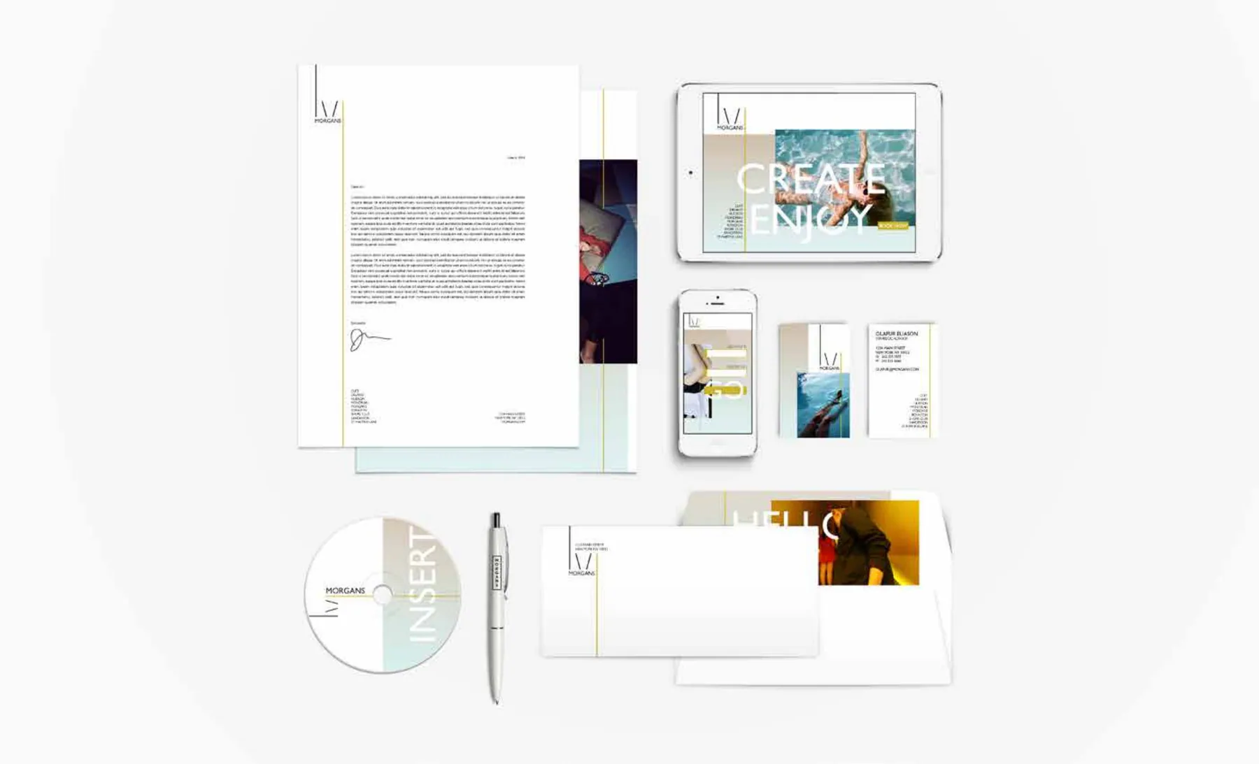 Line identity applied across stationery, digital layouts, and property communications