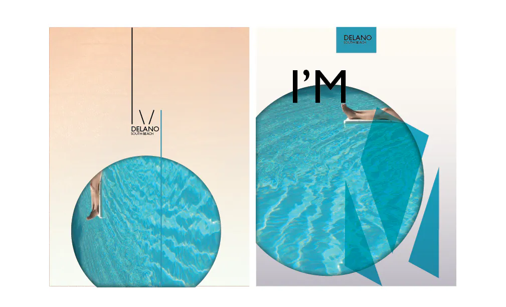 Create Enjoy cover studies using circular image crops, translucent color, and the Delano line mark