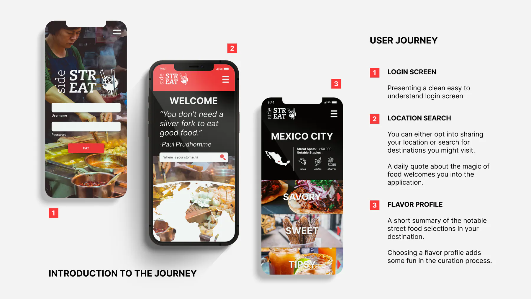 SideStreat login, location search, and flavor profile journey screens