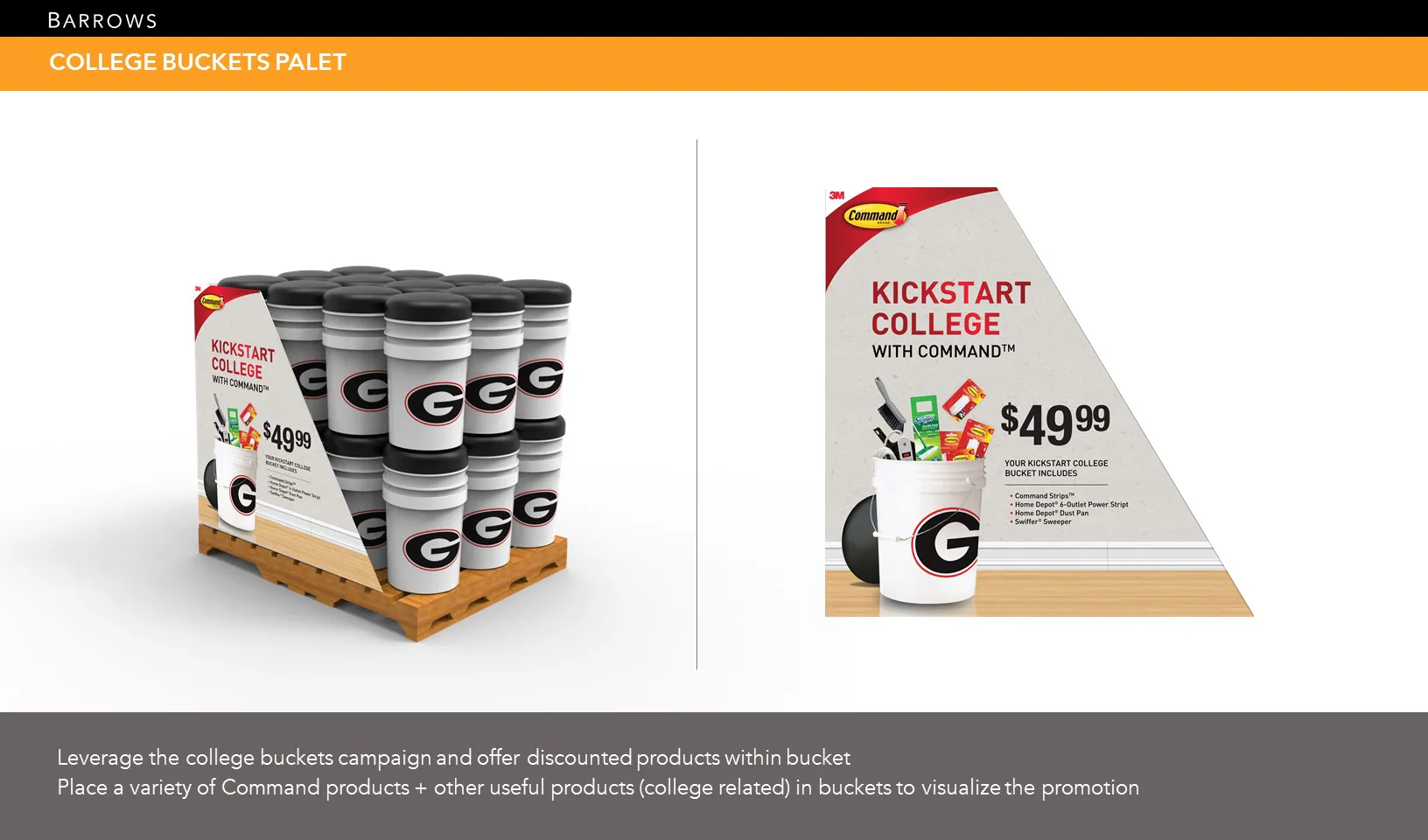 College campaign pallet display combining Command products, pricing, and project communication