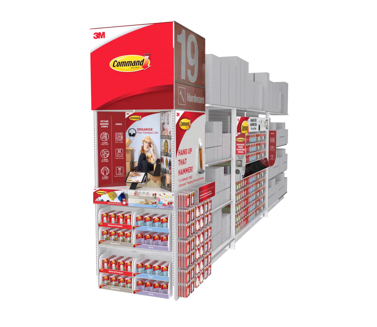 3M Command endcap concept with project photography, product organization, and Home Depot integration