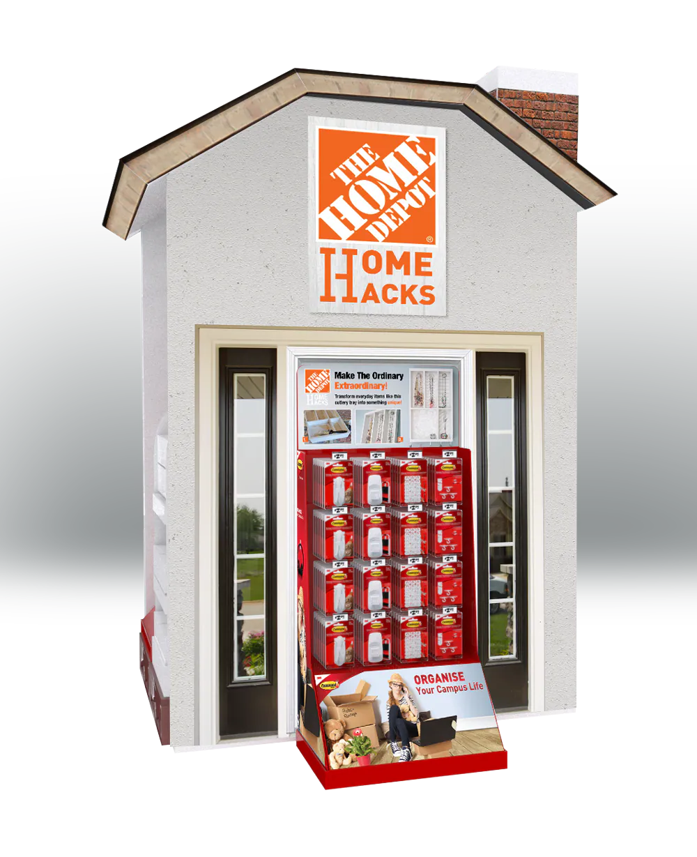 Home Depot Home Hacks standalone Command display with house-shaped architecture